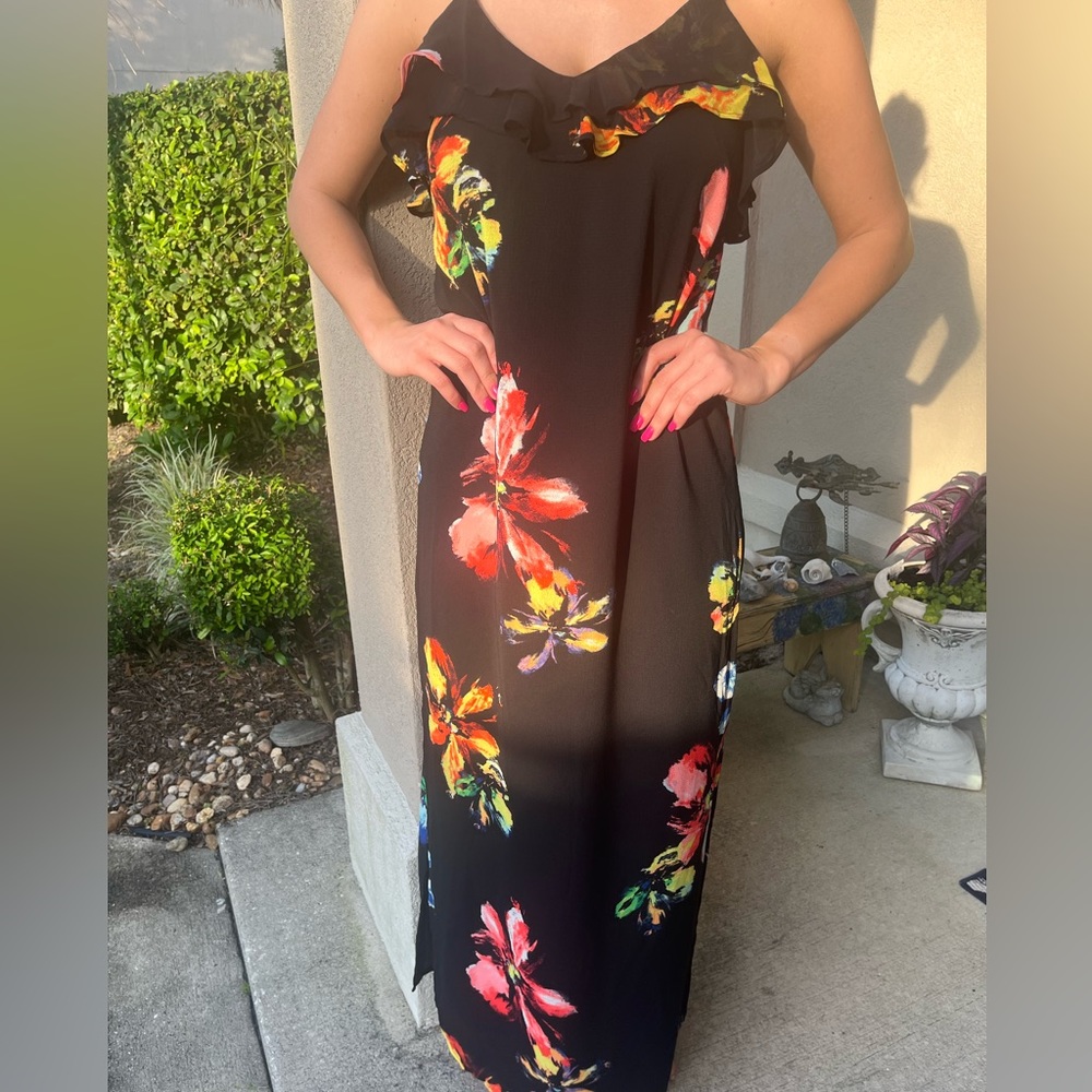 Mossimo maxi dress. Black floral. Spaghetti strap. Side slits. Beachy. Size S.